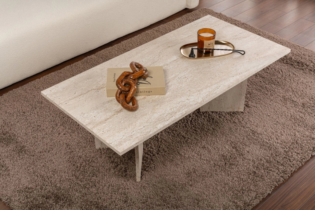 Tavolino da caffè in legno "Sabin" - 60 x 119 x 40 cm - Travertino