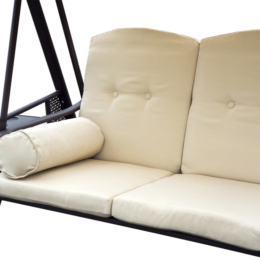 Dondolo da giardino 3 posti con tettuccio inclinabile 121x208x172 cm in metallo; beige e marrone