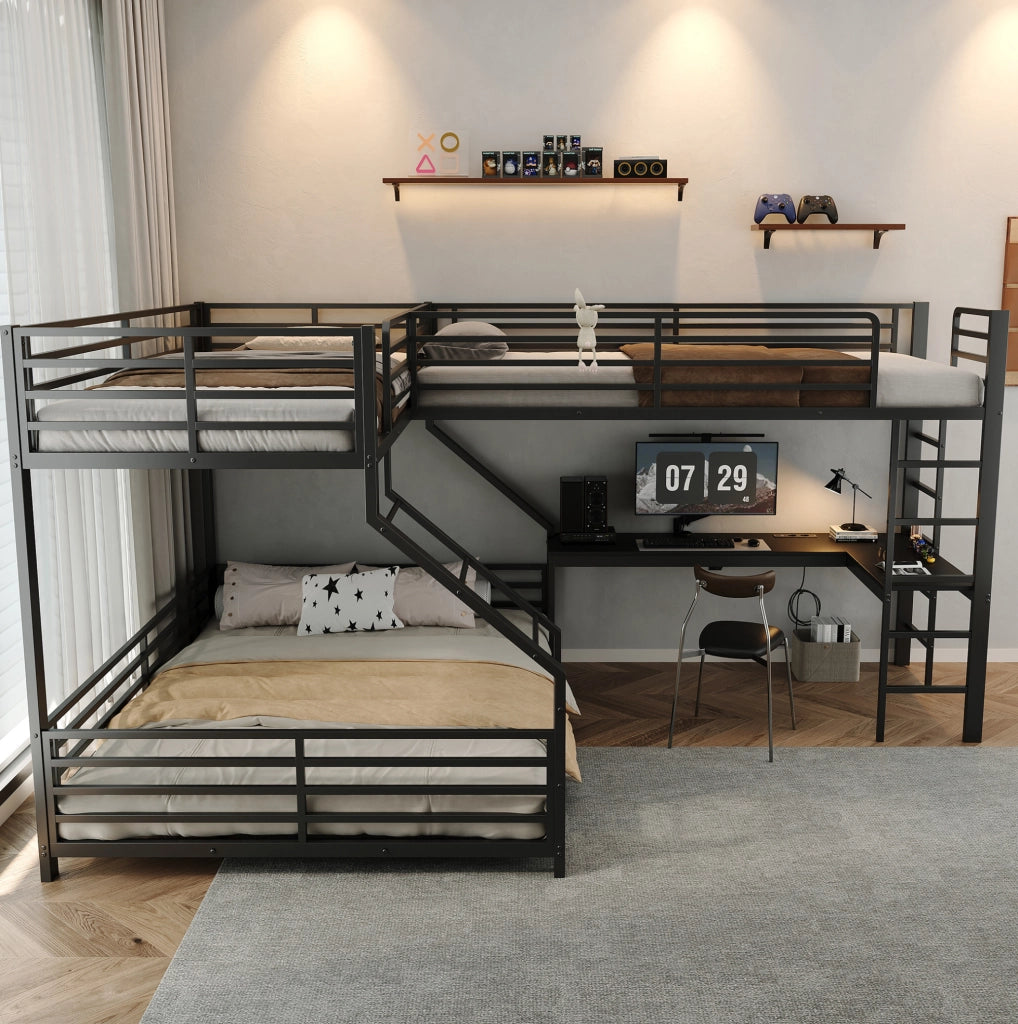 Letto a castello a tre posti con scrivania; 90x200 cm e 140x200 cm; in metallo e MDF; nero