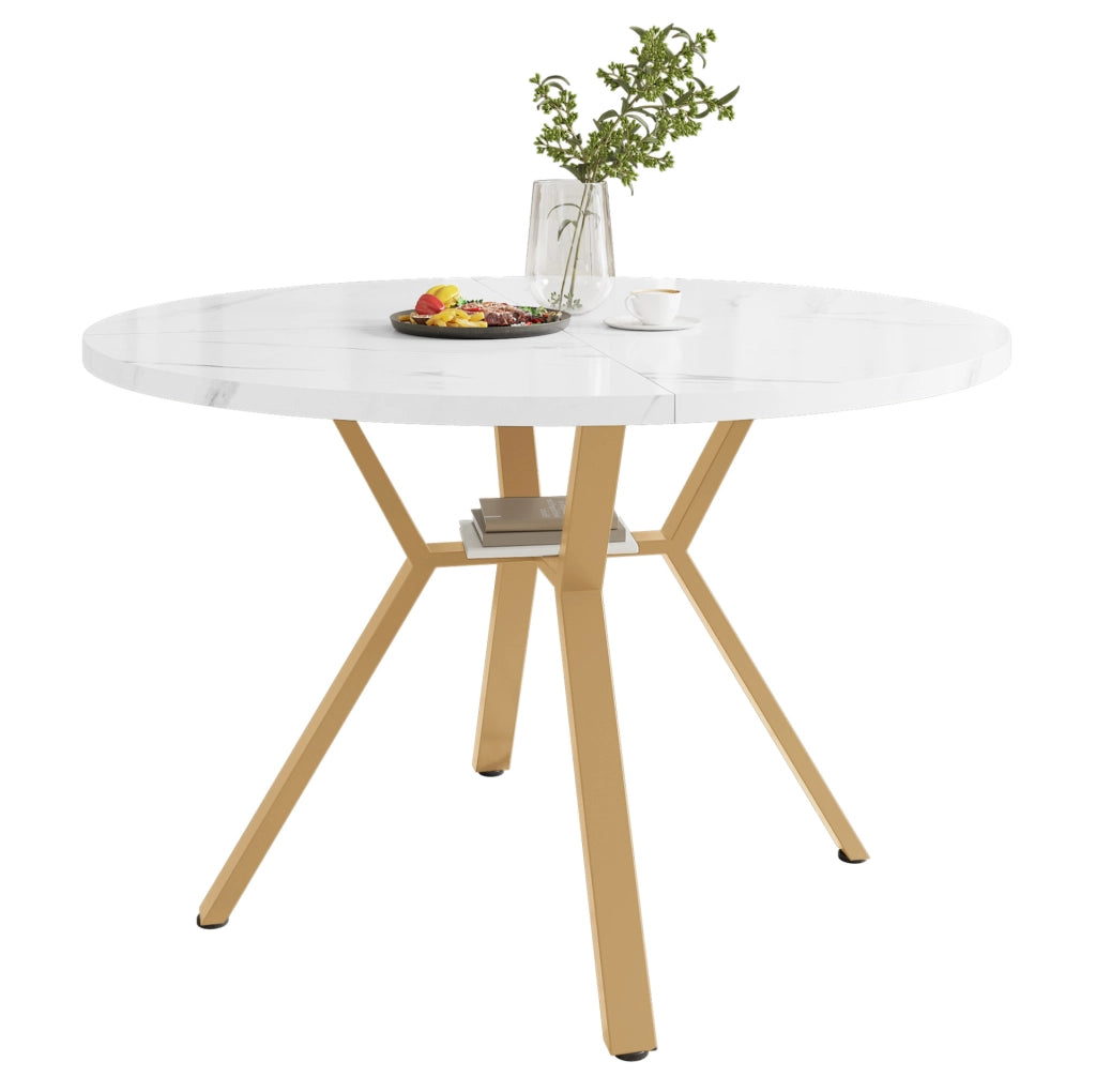 Tavolo da pranzo rotondo 100 cm con effetto marmo bianco e struttura in metallo dorato