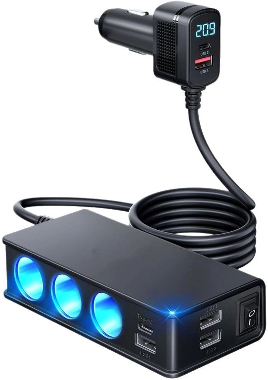 Adattatore 9 in 1 con QC 3.0, 3 prese, 4 porte USB, PD/QC 3.0, interruttore separato, indicatore di tensione LED, compatibile con auto 12V/24V, camioncini, camion e camper.