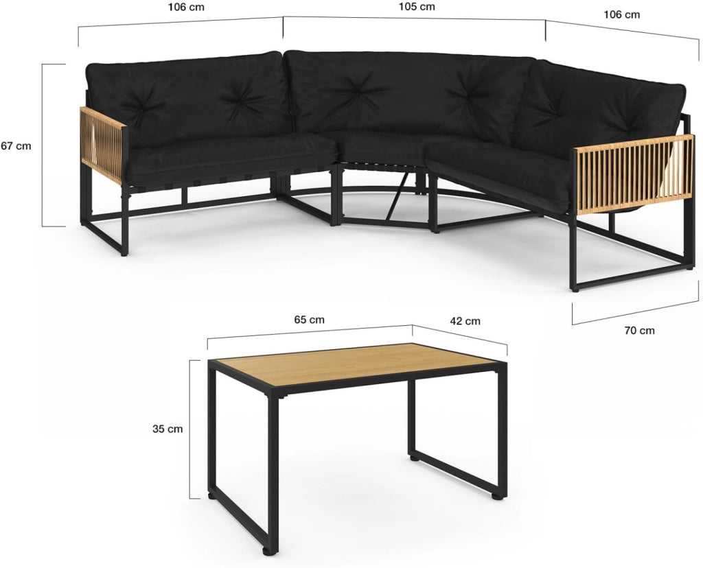 Set di mobili da Giardino Bassi Rio a 6 posti con Struttura in Metallo e Corde Effetto Rattan e Cuscini Neri