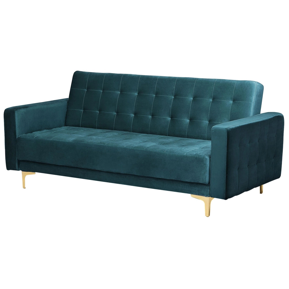 Divano Letto Verde Acqua Velluto Trapuntato Tessuto Moderno Soggiorno Modulare 3 Posti Gambe dorato Bracci Pista
