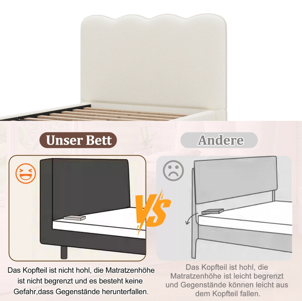 Letto singolo imbottito 90x200 cm con rete a doghe e testiera; bouclé bianco