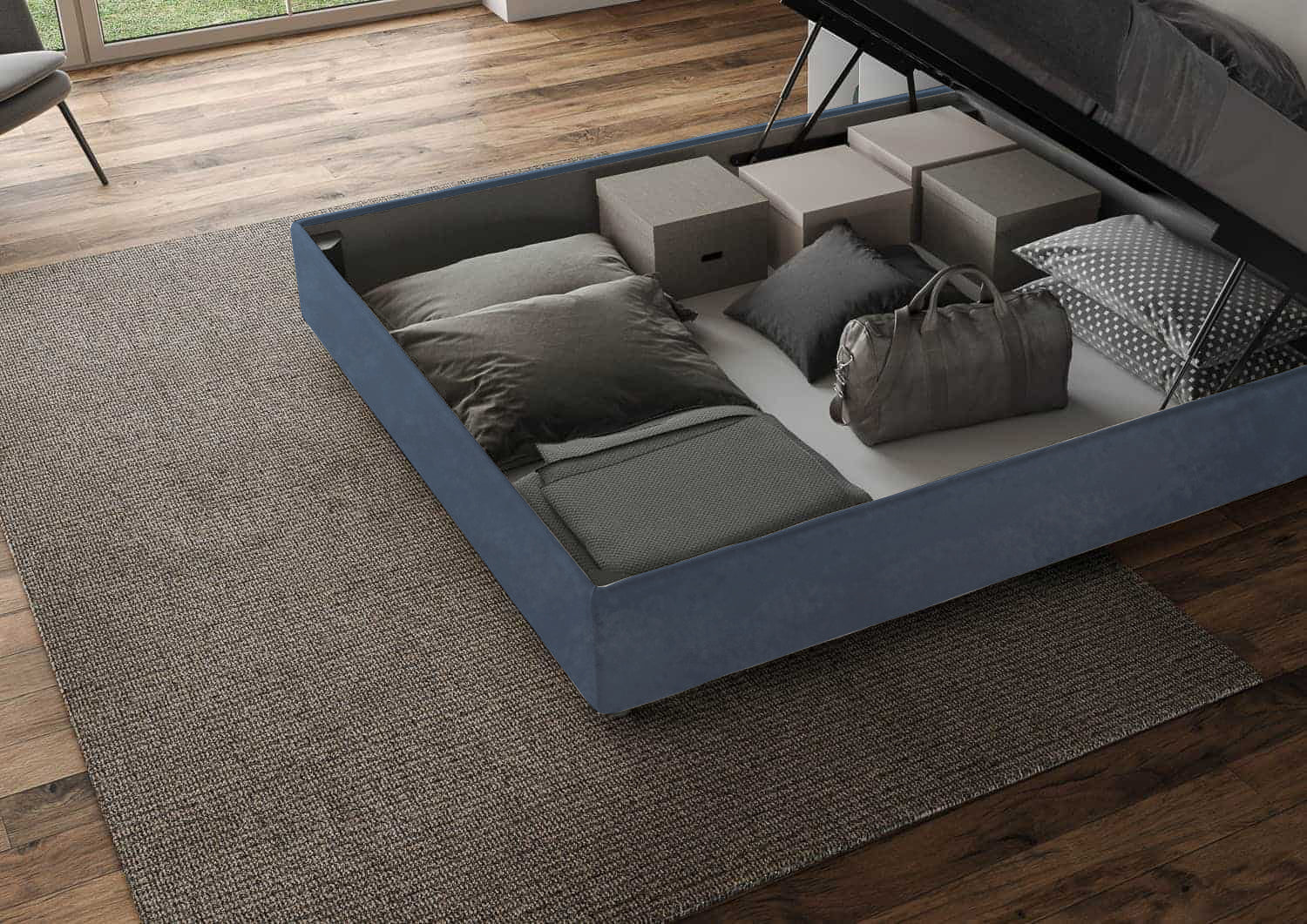 Letto Matrimoniale King Size 180x210 cm con Rete e Contenitore Testata con Cuscini Imbottito in Microfibra Mados Blu