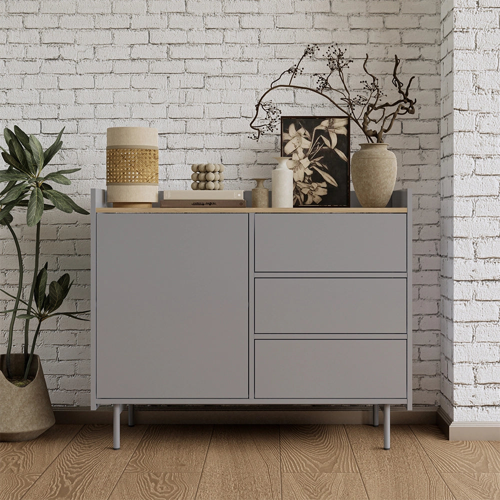 Vicco Cassettiera per camera da letto Grigio/quercia 100 x 82 cm con 3 cassetti e 1 anta