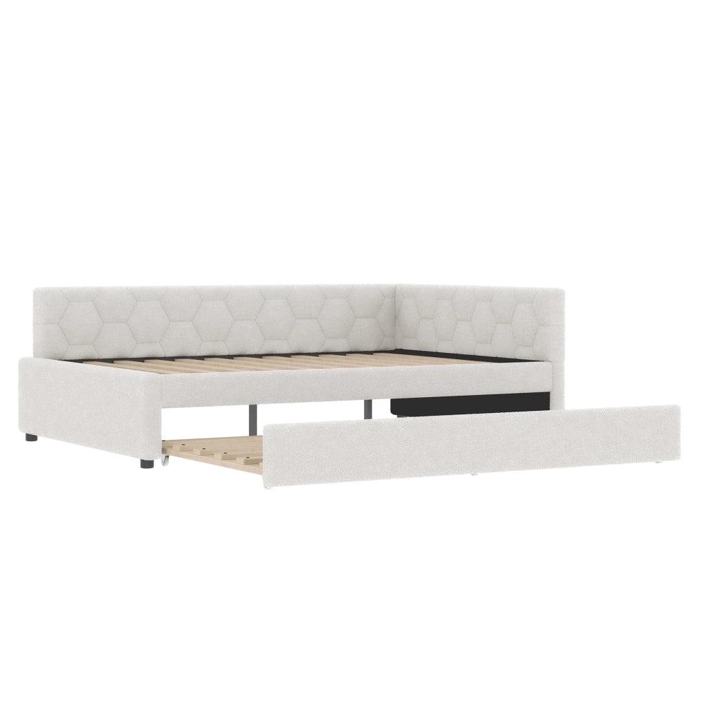 Letto imbottito bianco 140x200 cm con rete a doghe; letto estraibile; USB-C e luce da comodino