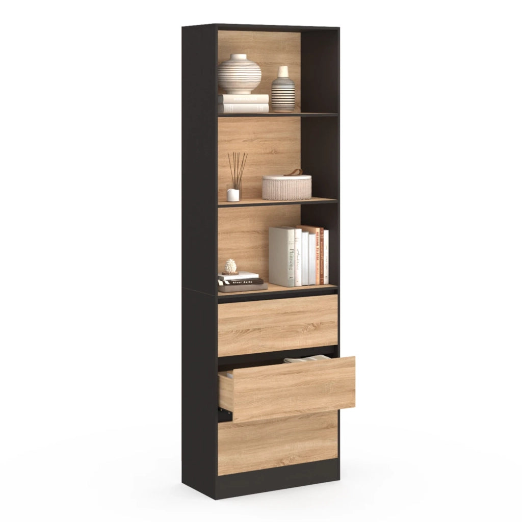 IDMarket - CARLA Libreria a 3 livelli con 3 cassetti neri ed effetto legno H.190 cm