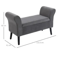 Panca Contenitore Imbottita per Camera in Tessuto Vellutato con Braccioli, 111.5x41x65cm - Grigio