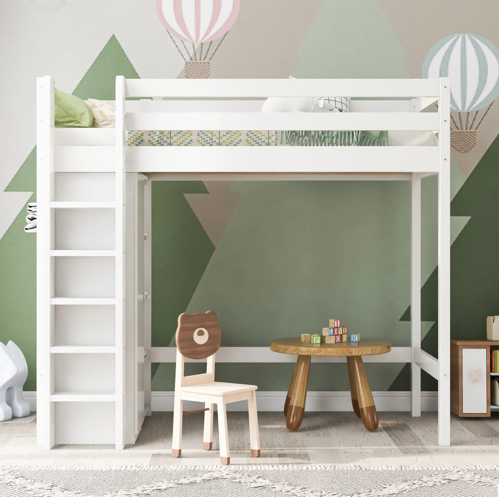 Letto a castello alto per bambini 90x200 cm con armadio e 6 ripiani; bianco