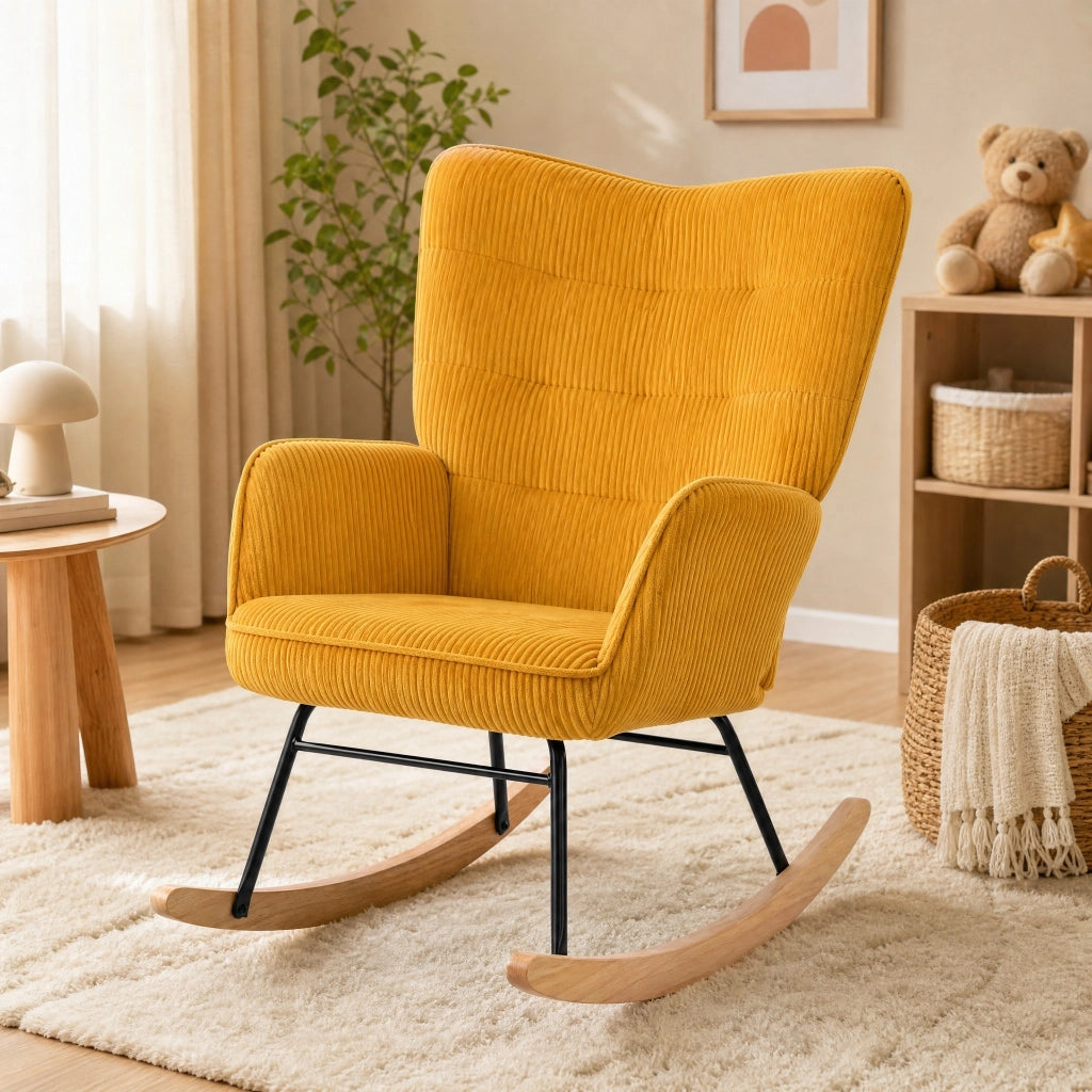 Poltrona a dondolo 98x71x101 cm con schienale trapuntato in velluto a coste; acciaio giallo