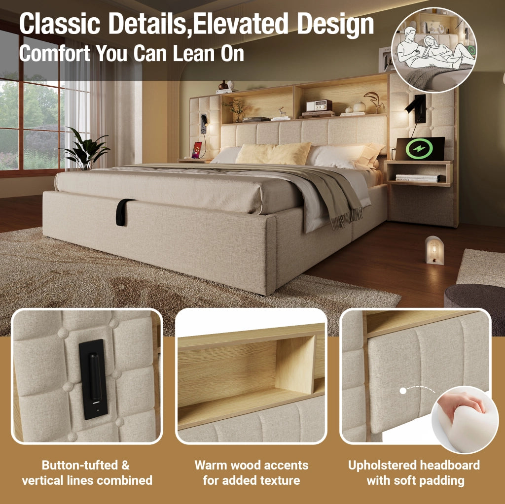Letto matrimoniale 180x200 cm con contenitore; comodini sospesi; luci da lettura USB e Type-C; beige