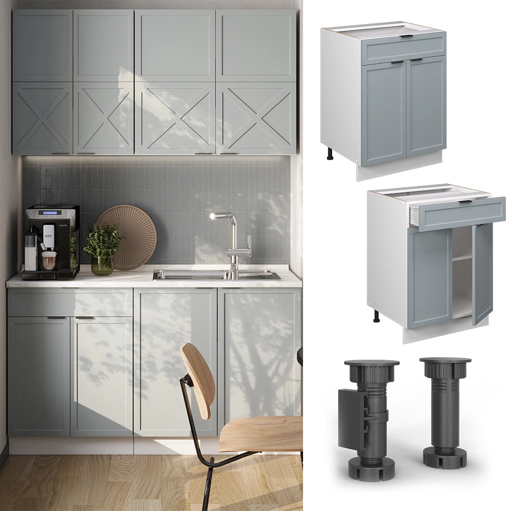 Mobiletto base per cucina Fame-Line Blu-grigio chiaro/Bianco 60 cm con cassetto, PL Rovere Vicco
