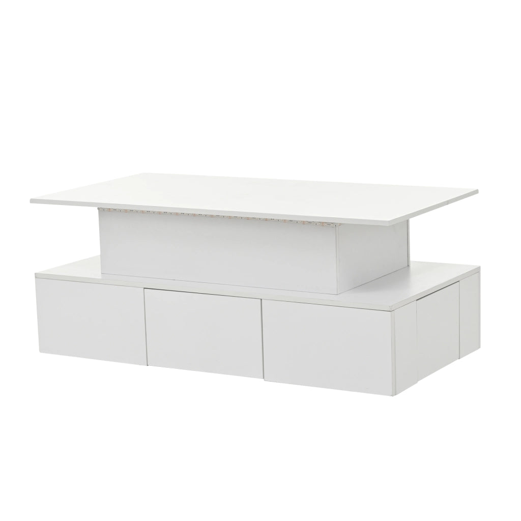 Tavolino da salotto 100x50x40 cm; piano rialzabile con LED e 4 cassetti; MDF bianco