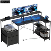 Scrivania Gaming Angolare con LED e Prese ¨C Minimal ¨C Nero 165x80x91.5 cm