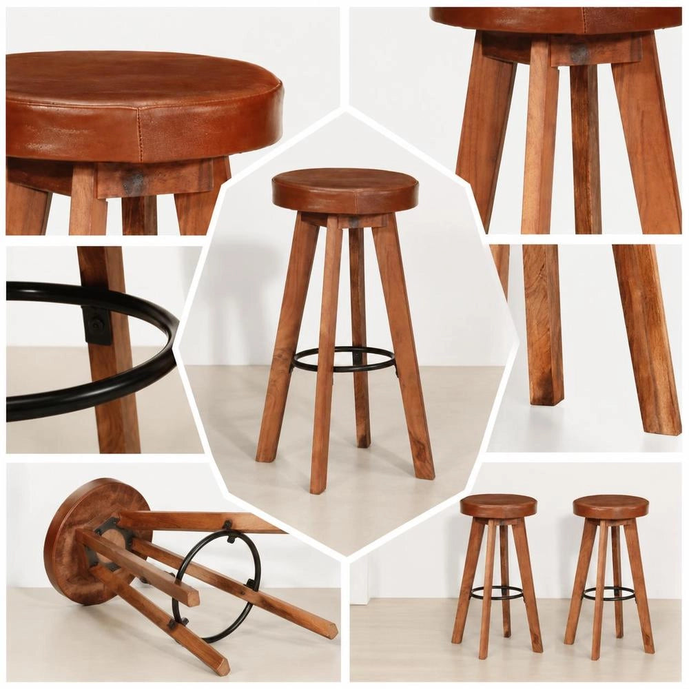 Bar Stools, 2 Pieces. Genuine Leather And Solid Acacia Wood.