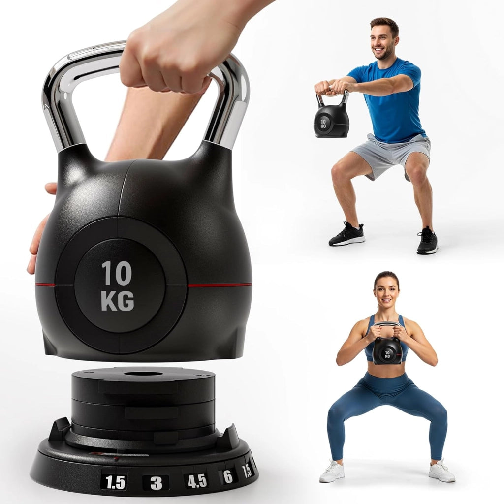 Kettlebell Regolabile 7 in 1, 20 kg Kettlebell con 7 Livelli di Peso, Manubrio per Allenamento a Casa & Fitness, Ideale per Allenamento Completo del Corpo, Compatto & Salvaspazio (Nero, 10kg)