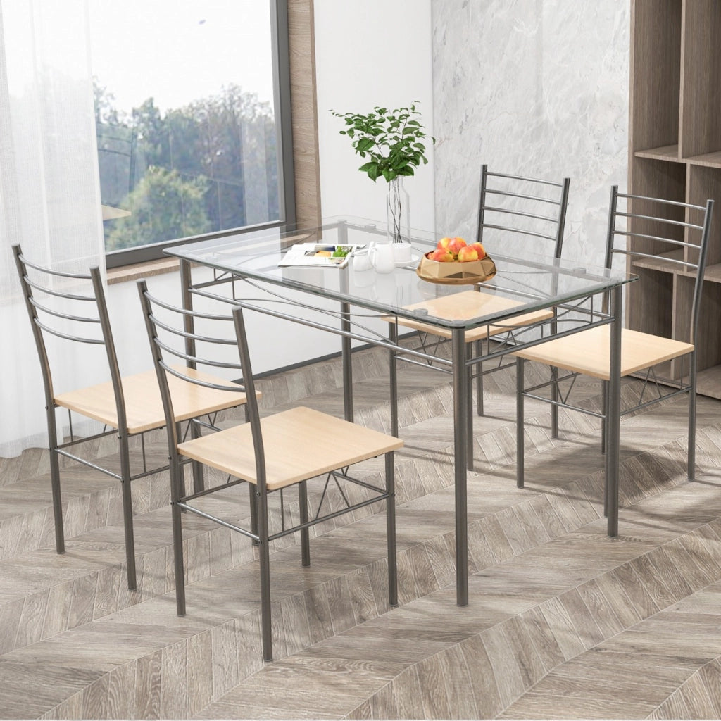 Set da pranzo 5 pezzi in vetro con 1 tavolo rettangolare e 4 sedie, Set da pranzo con struttura metallica-Tavoli e sedie da pranzo