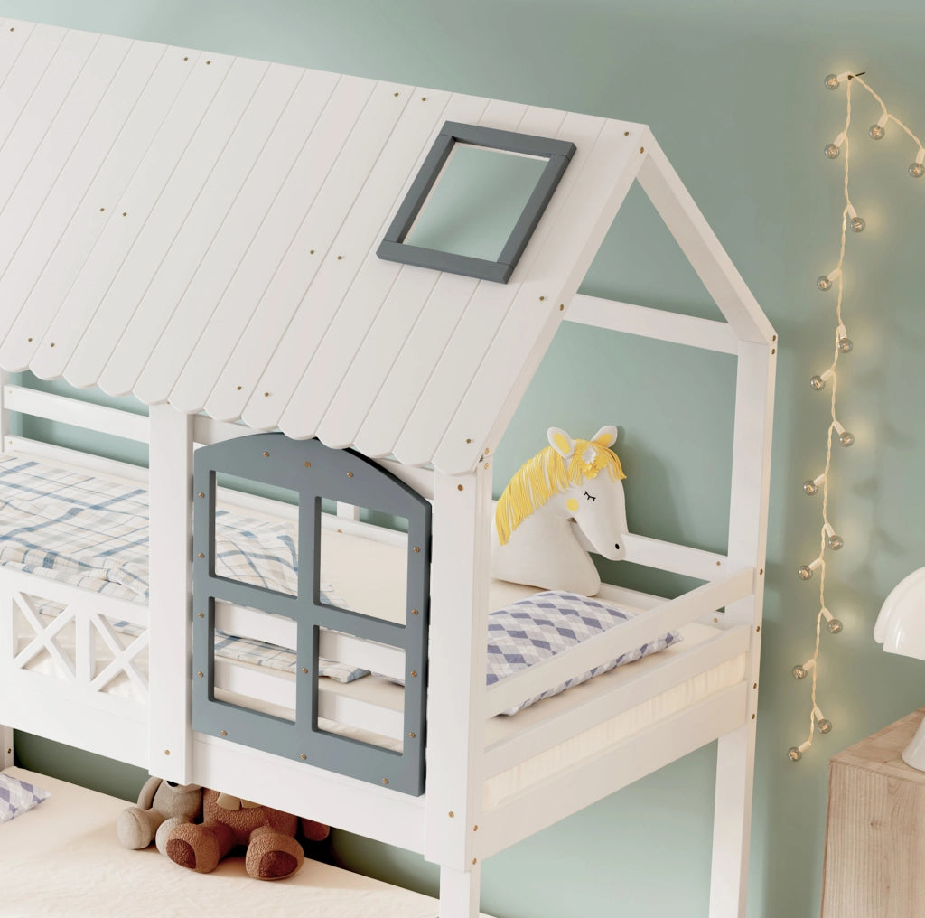 Letto a castello con tetto e finestre, scala contenitore 3 vani, bianco e grigio 90x200 cm