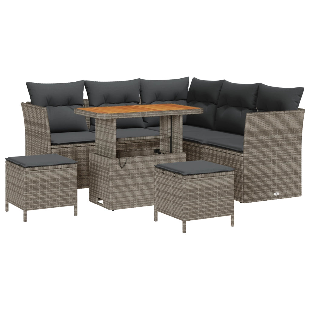 Set di Divani da Giardino 8 Pezzi con Cuscini Grigio in Rattan Polietilene e Acacia