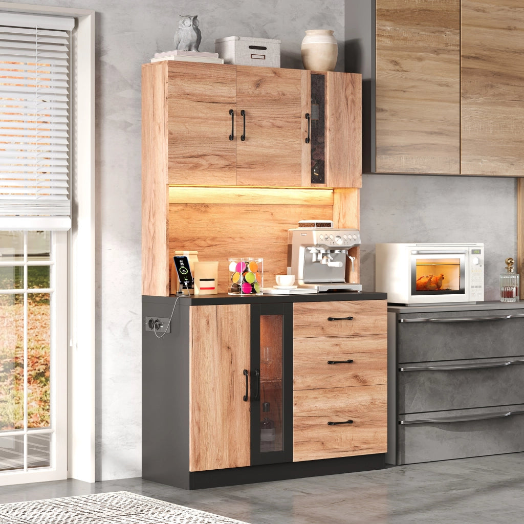 Colonna da cucina con 3 cassetti; LED e prese - per cucina - 105×40×180 cm - nero