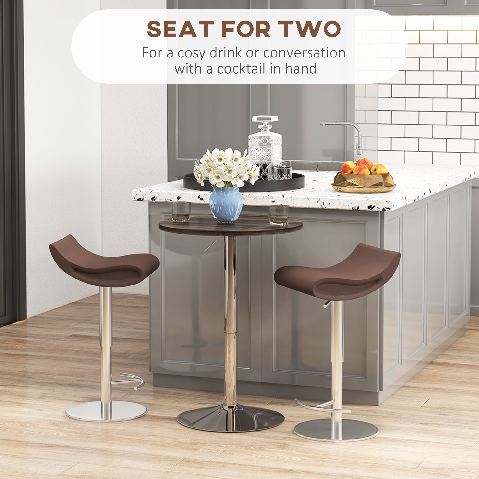 Tavolo Alto da Bar con Altezza Regolabile Piano Girevole e Base Ø60x69-91 cm in Acciaio Marrone