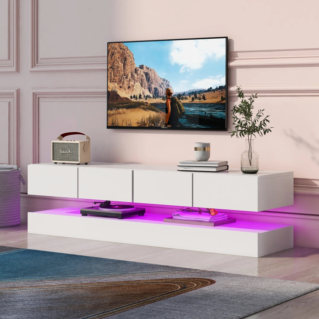 Mobile TV sospeso LED in MDF bianco con 4 cassetti, 2 vani e controllo Bluetooth da app