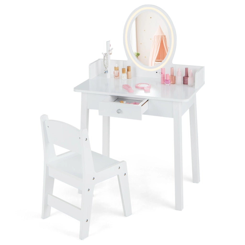 Set di trucco per bambini con specchio sedia illuminazione a LED a 2 colori-Tavolo da trucco per ragazze Bianco