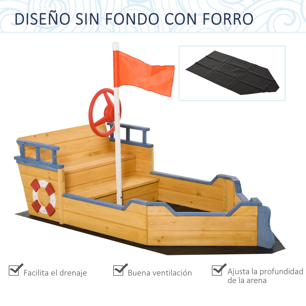 Sabbiera Galeone Legno Bambini con Gradini Panca Bandiera Timone Giardino Gioco Esterno ¨C Xylo ¨C 158x78x45,5 cm Naturale