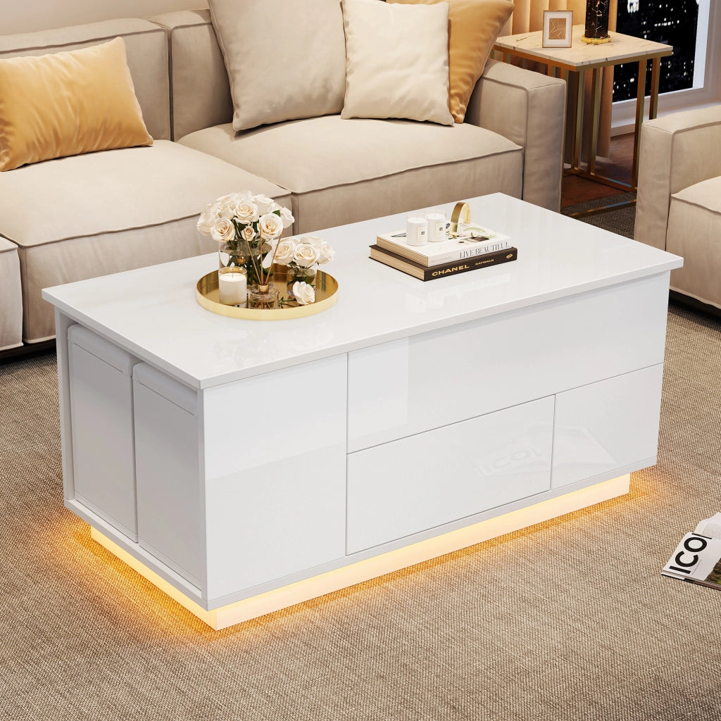TAVOLINO DA CAFFÈ Sollevabile 100x50x45 cm Bianco con LED e 2 Pouf