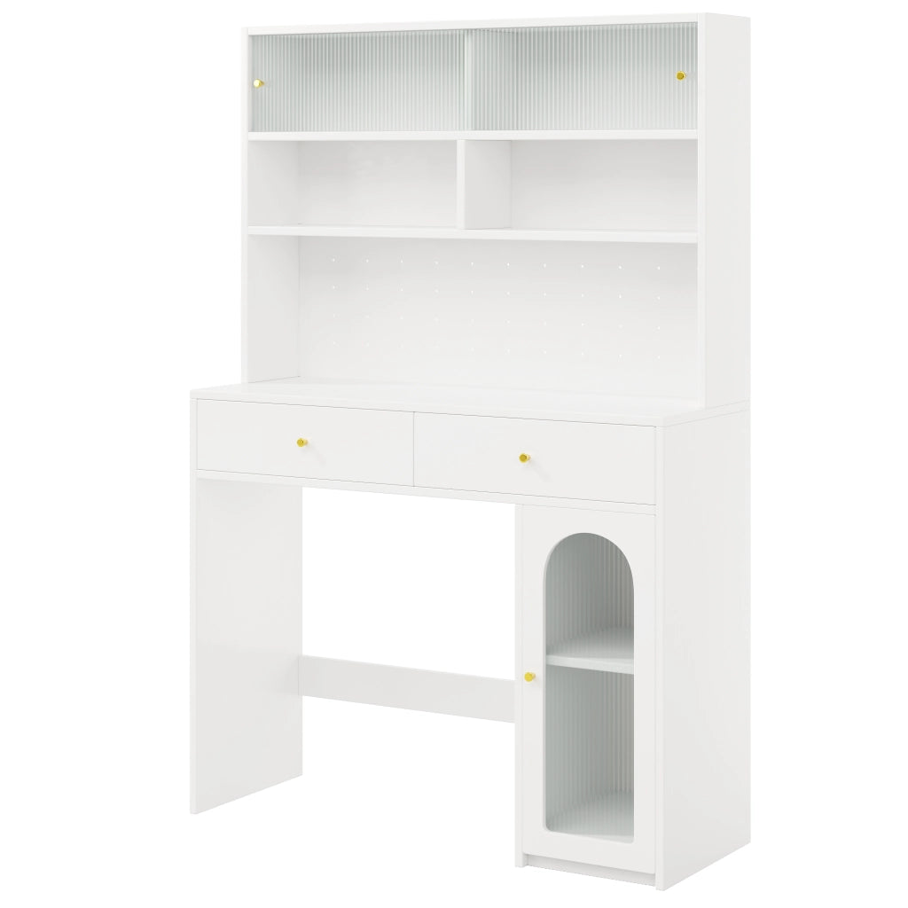 Credenza cucina multifunzionale con piano di lavoro, ante in vetro, cassetti e ganci, bianco