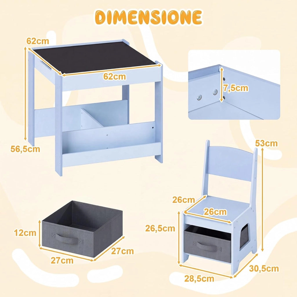 Set Tavolino Bambini con 2 Sedie per 3+ Anni, Tavolo e Sedie 4 in 1 con Lavagna Rimovibile, Librerie e Scatola in Tessuto, Mobile Salvaspazio per Scuola e Cameretta (Blu, Stile 3)