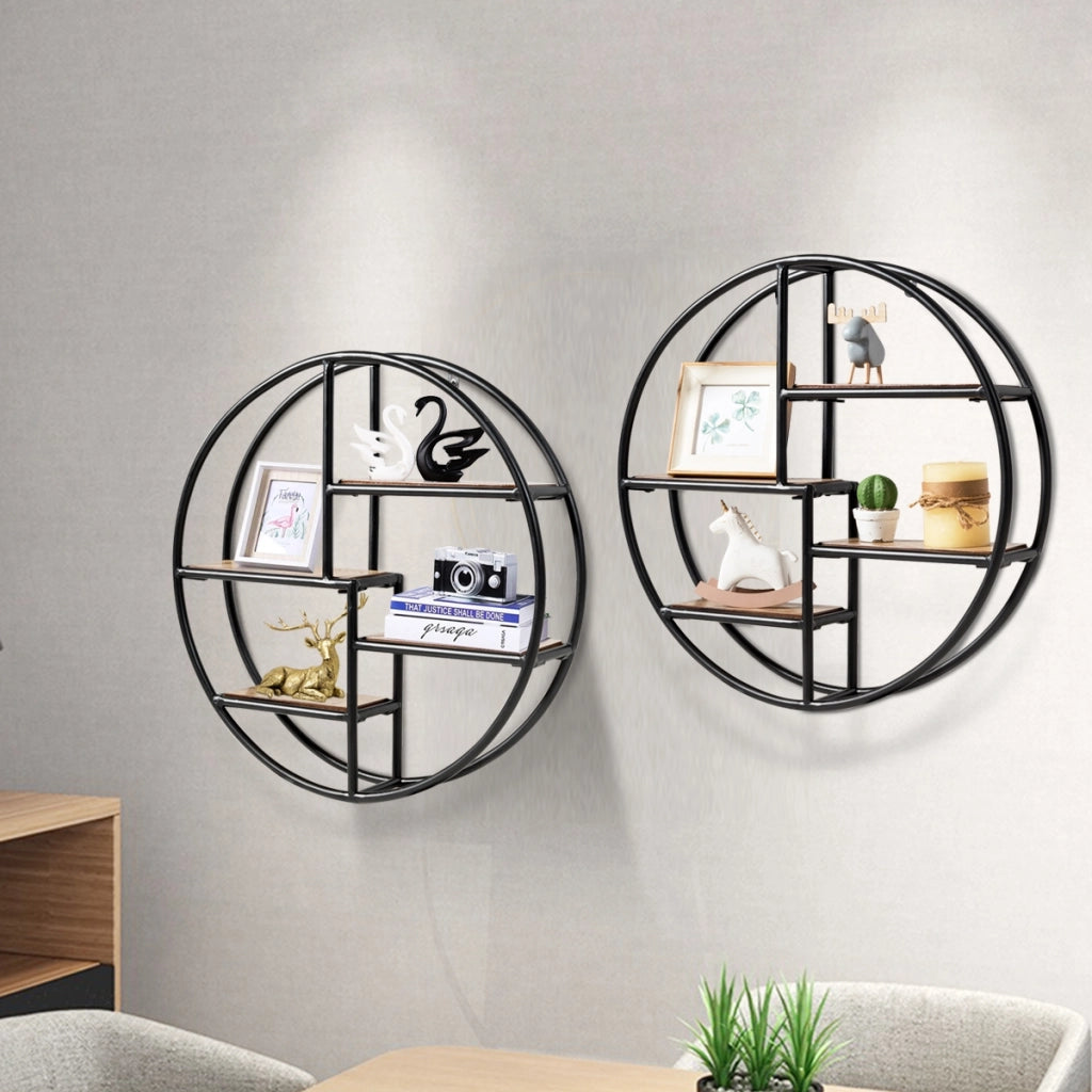 Scaffale rotondo montato al muro-Scaffale decorativo con 4 livelli di legno e metallo- Nero