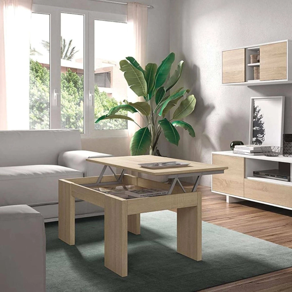 Tavolino da salotto Almo, Tavolino da caffè con piano elevabile, Tavolo basso da soggiorno, cm 100x50h43/84, Rovere