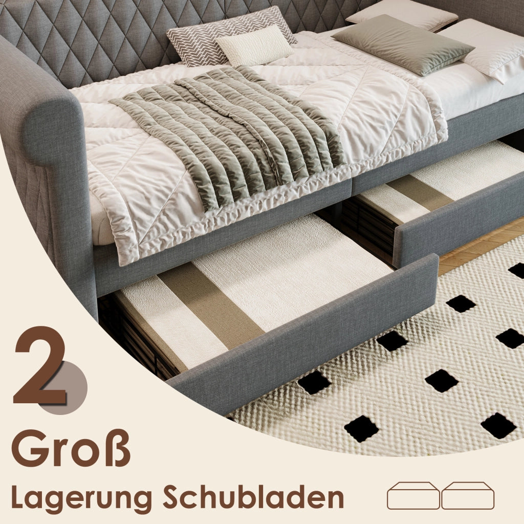DESMIU Letto divano 90 × 200 cm 1 posto con 2 cassetti e schienale curvo, senza materasso, in lino, grigio