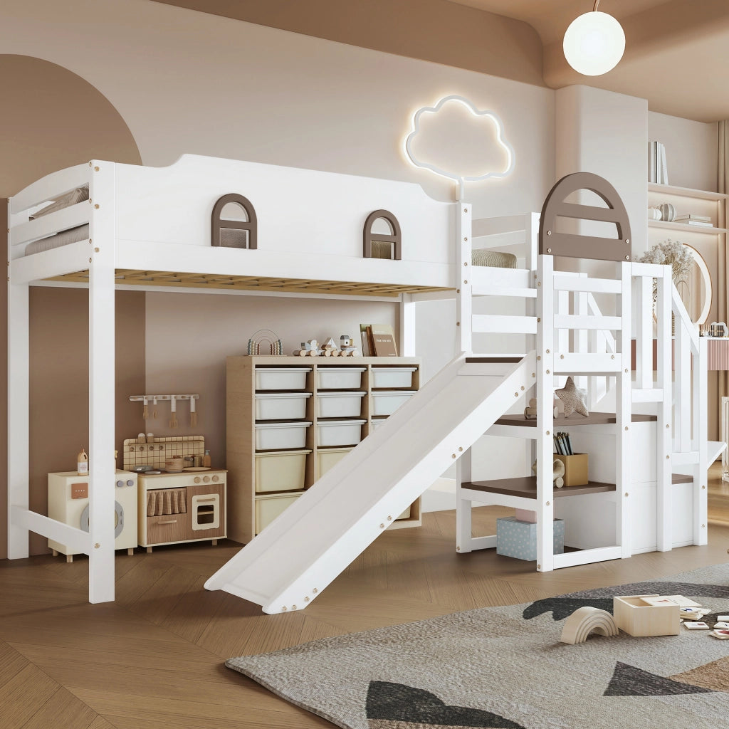 Letto a Castello 90x200 cm - Scivolo; Scala con Corrimano e 2 Armadietti - Bianco