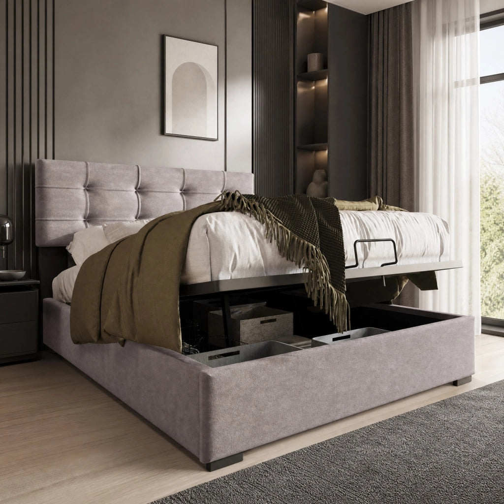 Letto imbottito 90x200 cm in velluto grigio chiaro con contenitore e testiera regolabile