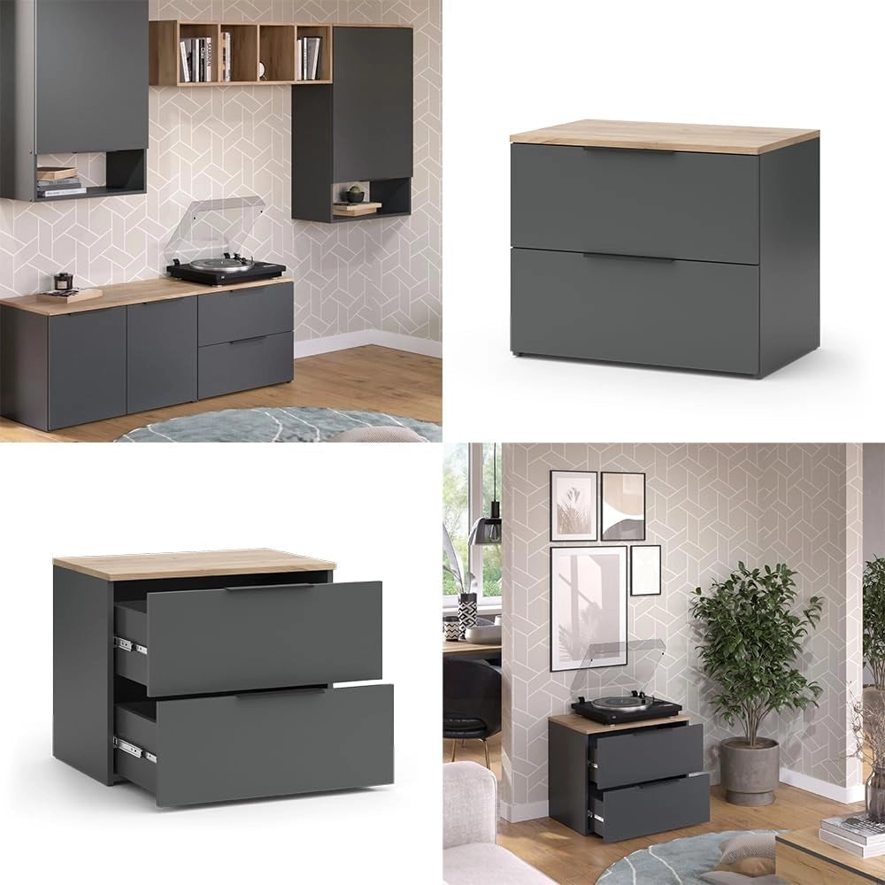 Credenza Wido, Antracite, 60 x 50 cm con 2 cassetti, per riporre abiti e oggetti di uso quotidiano