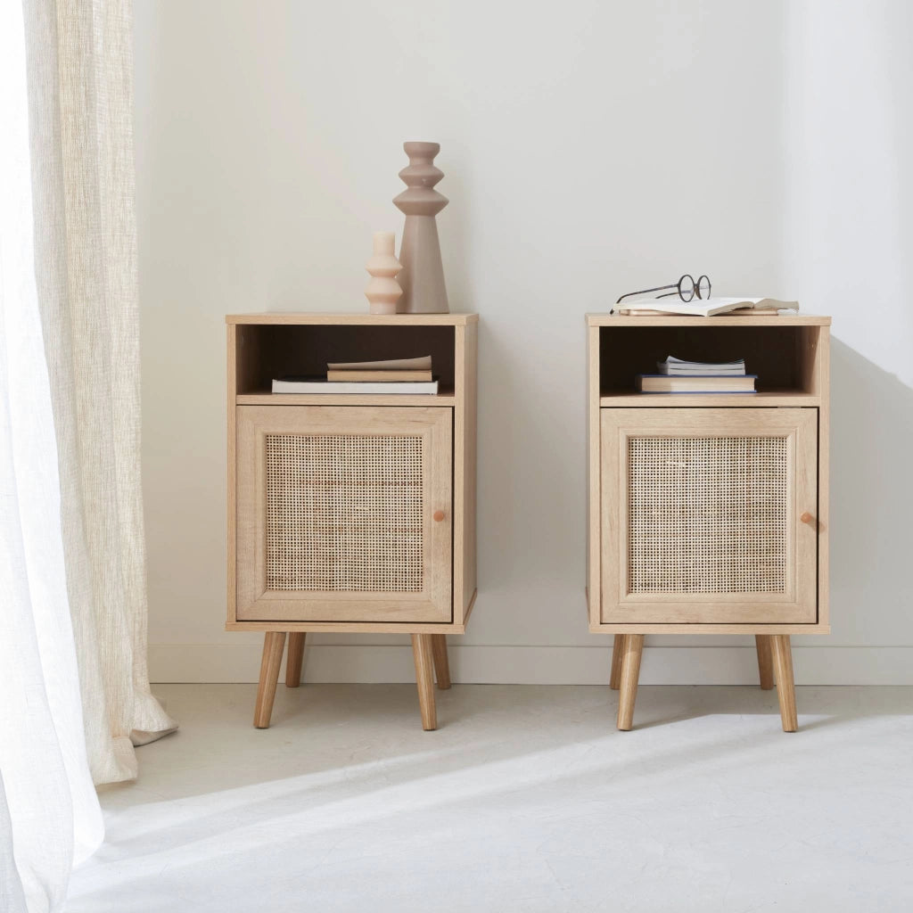 Set 2 comodini scandinavi in intrecciatura cannage, marrone naturale