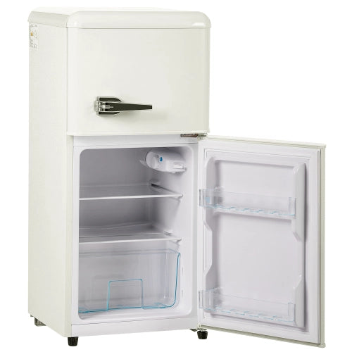 Frigorifero retro; congelatore; doppia porta; volume totale 60L; vano congelatore da 22L; luce LED; efficiente energeticamente; bianco crema