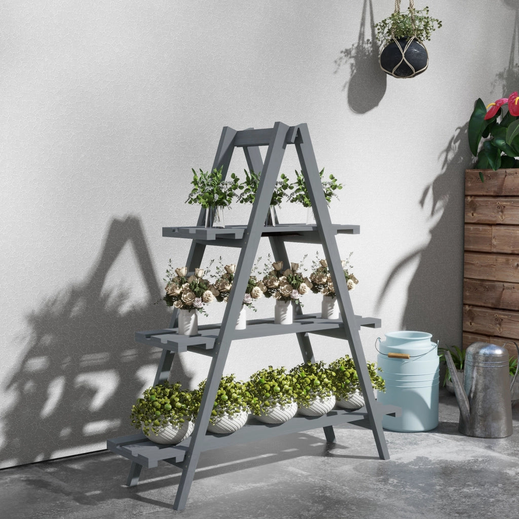 Portapiante Verticale 3 Livelli a Doghe, in Legno di Abete, 100x36x112 cm, Grigio