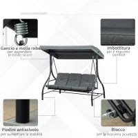 Dondolo da Giardino 3 Posti Convertibile in Lettino con Tettuccio Regolabile, Grigio Scuro