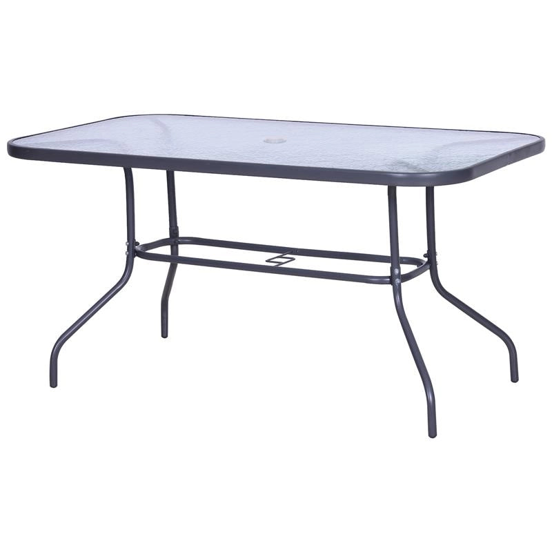 TAVOLO DA ESTERNO IN METALLO E VETRO TEMPERATO CON FORO PER OMBRELLONE 140X80X70CM