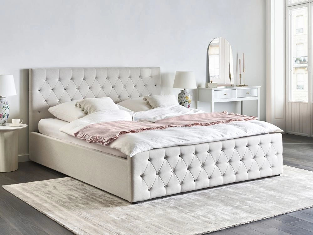 Letto matrimoniale imbottito in poliestere beige con testata imbottita con pouf 180 x 200 cm testiera doppia trapuntata