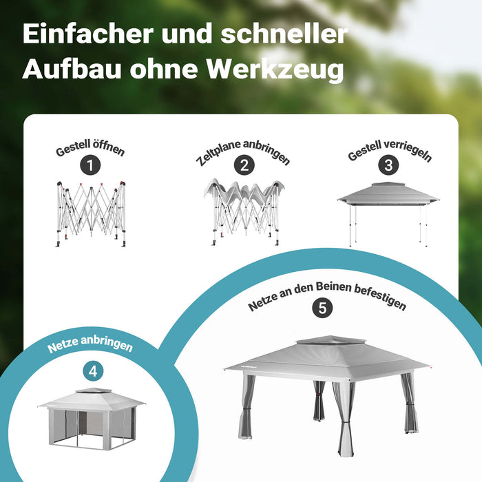 Gazebo pieghevole con zanzariera, grigio chiaro 4 x 4 m, impermeabile, UV 50+, Tendone per feste