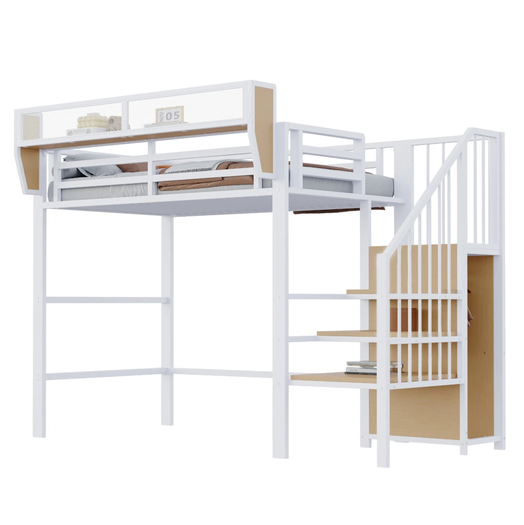 Letto a soppalco 90x200 cm in metallo bianco con ripiano