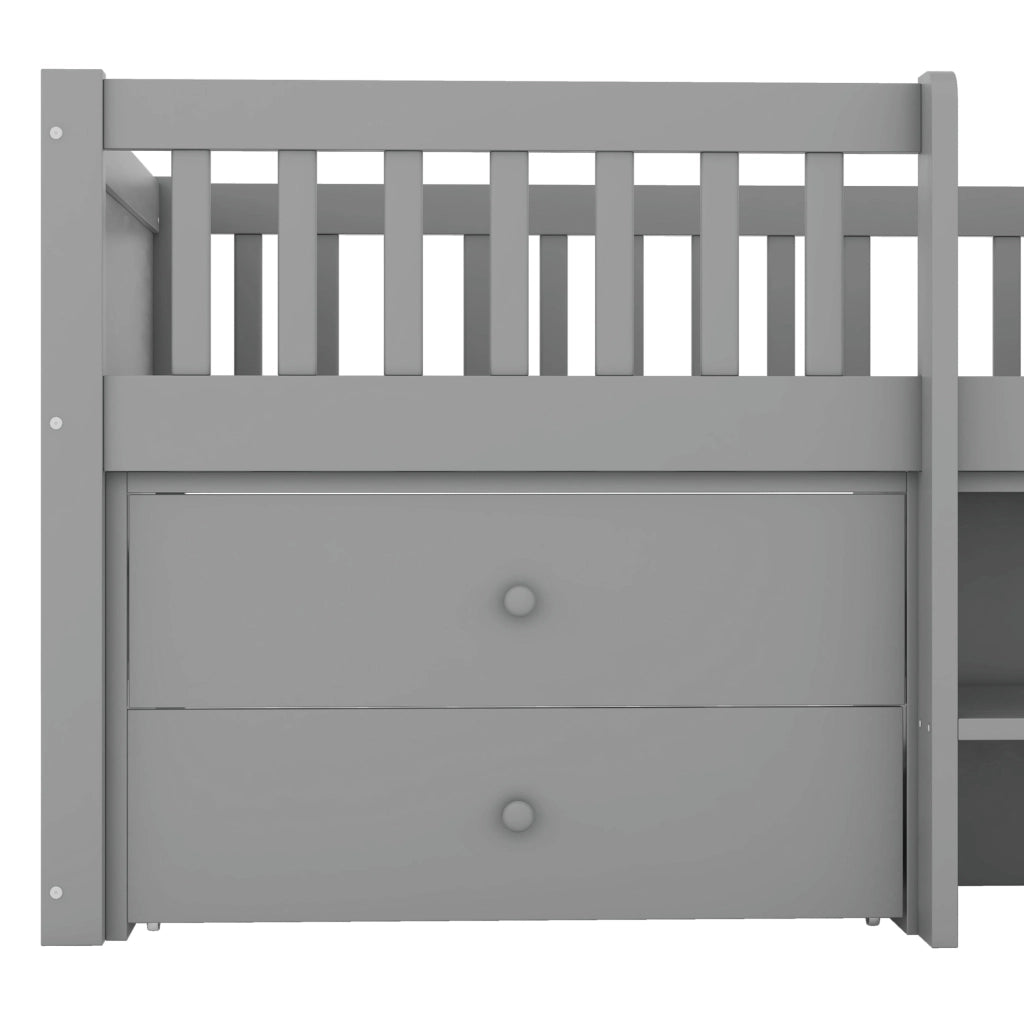 Letto semialto ULEVR 90x200 cm con 4 cassetti, scala e sponde di sicurezza, pino e MDF grigio