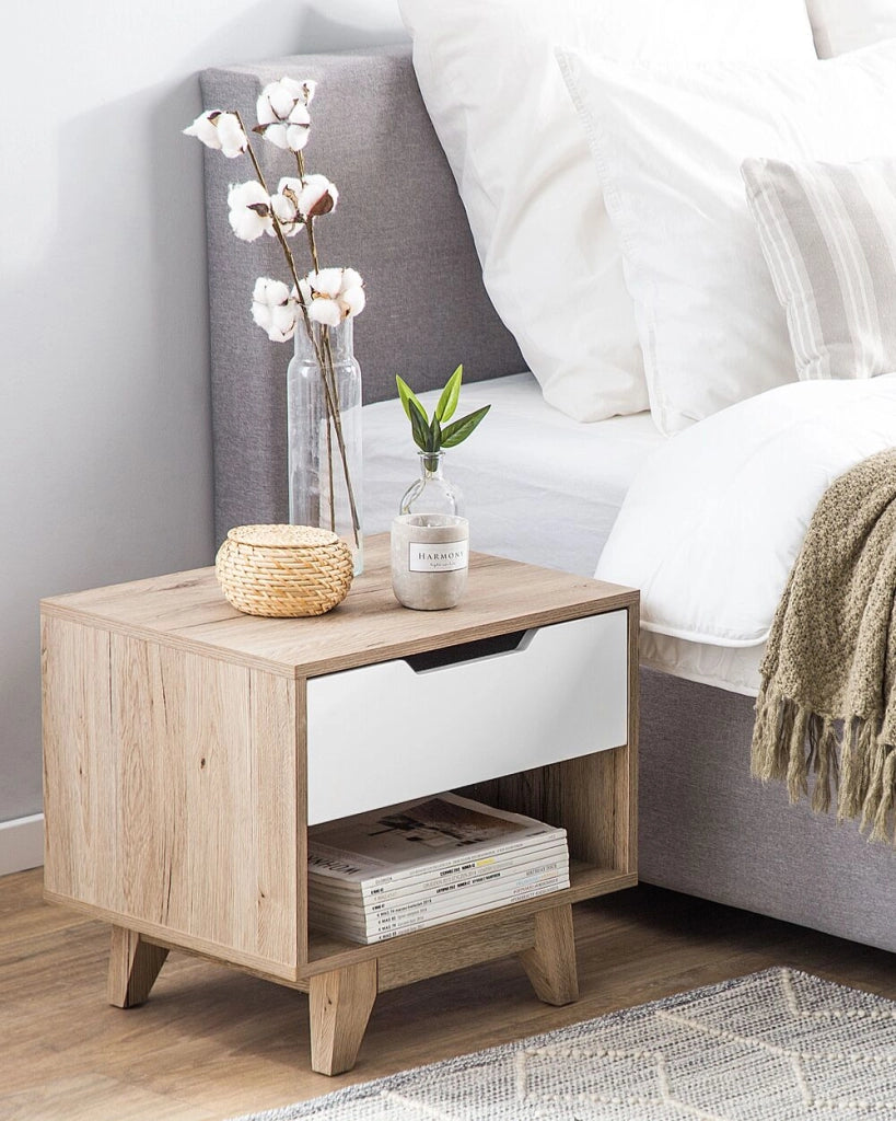 Comodino in Legno Chiaro con Scaffale Aperta Bianco 1 Cassetto Camera da Letto