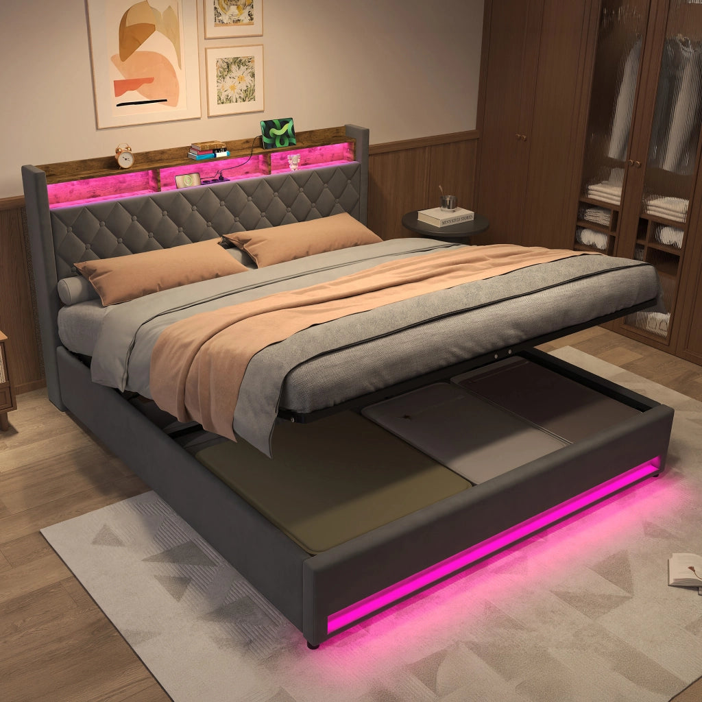 LETTO Imbottito 180 x 200 cm in Velluto Grigio con LED, USB e Contenitore