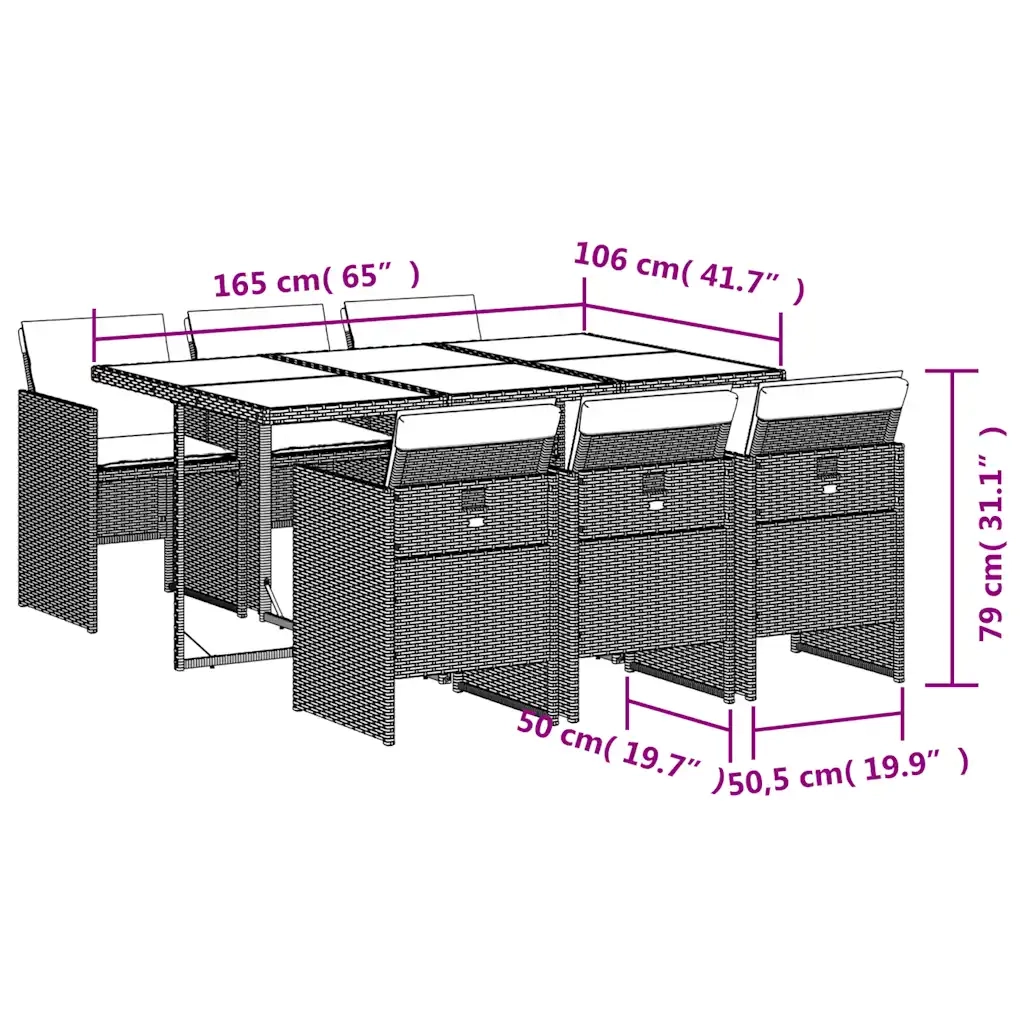 Set da Pranzo da Giardino 7 pz Nero con Cuscini in Polyrattan 3210547